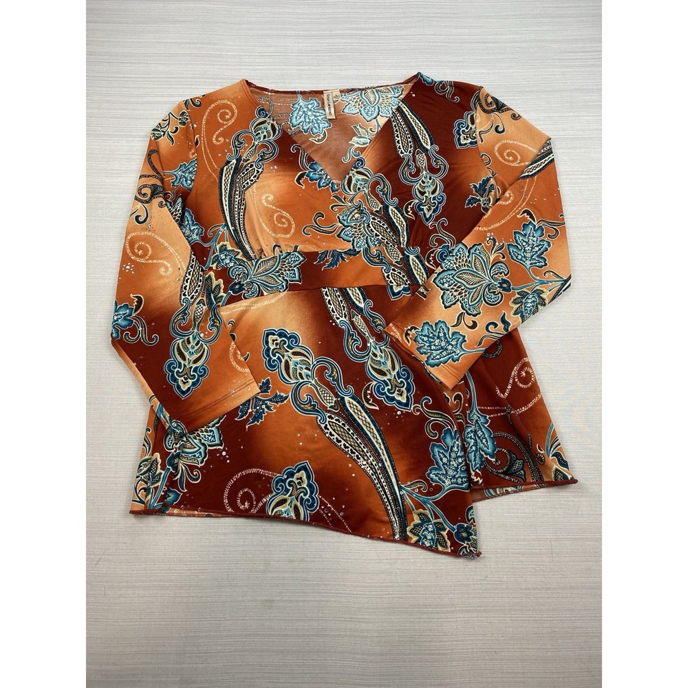 Susan Lawrence Top Womens Large Artsy Paisley BoHo Causal Flowy Asymmetrical Hem